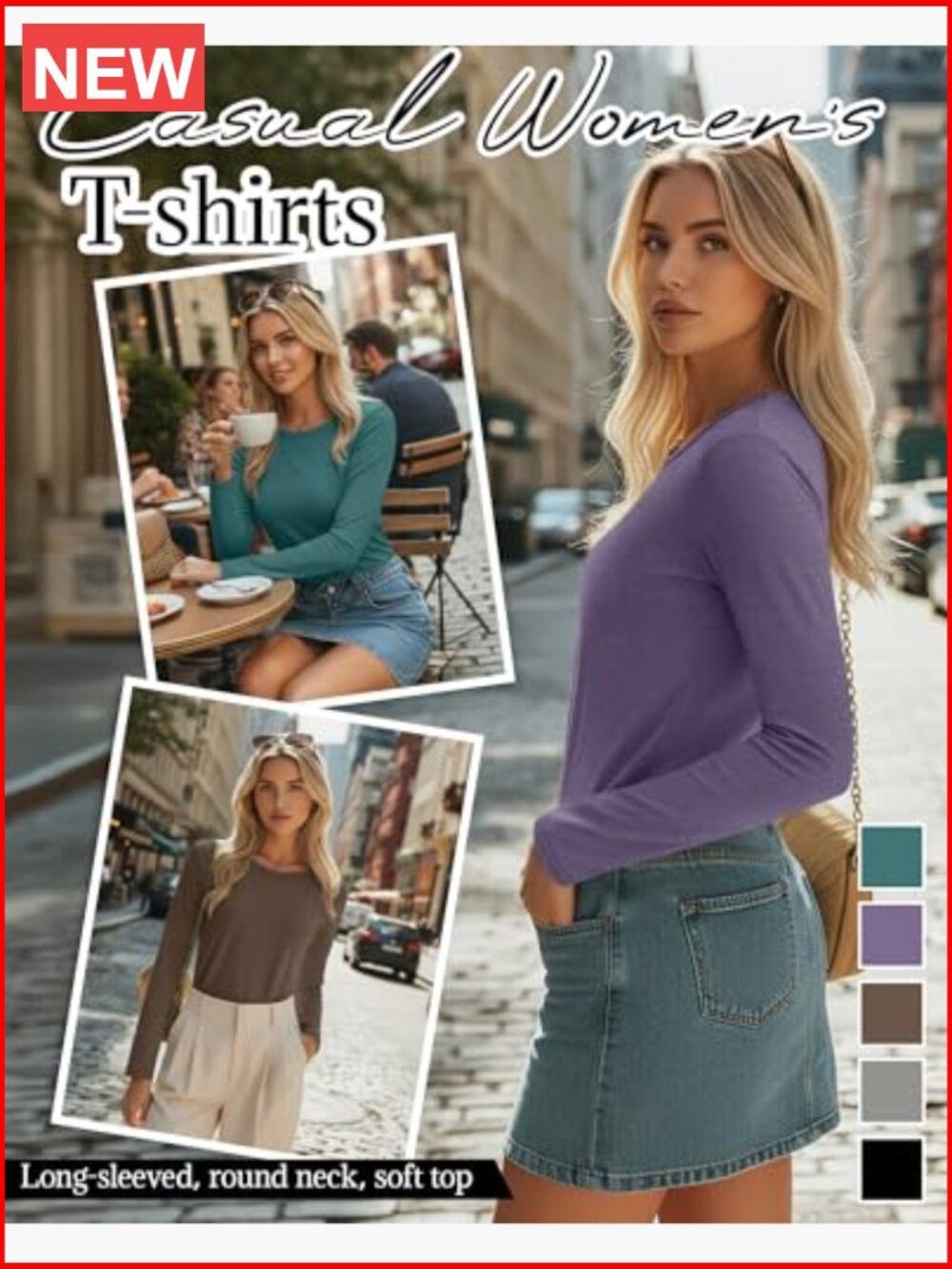 5 Pack Women's Crew Neck Long Sleeve Cotton Blend Tees Layering Tops - Picture 3 of 7
